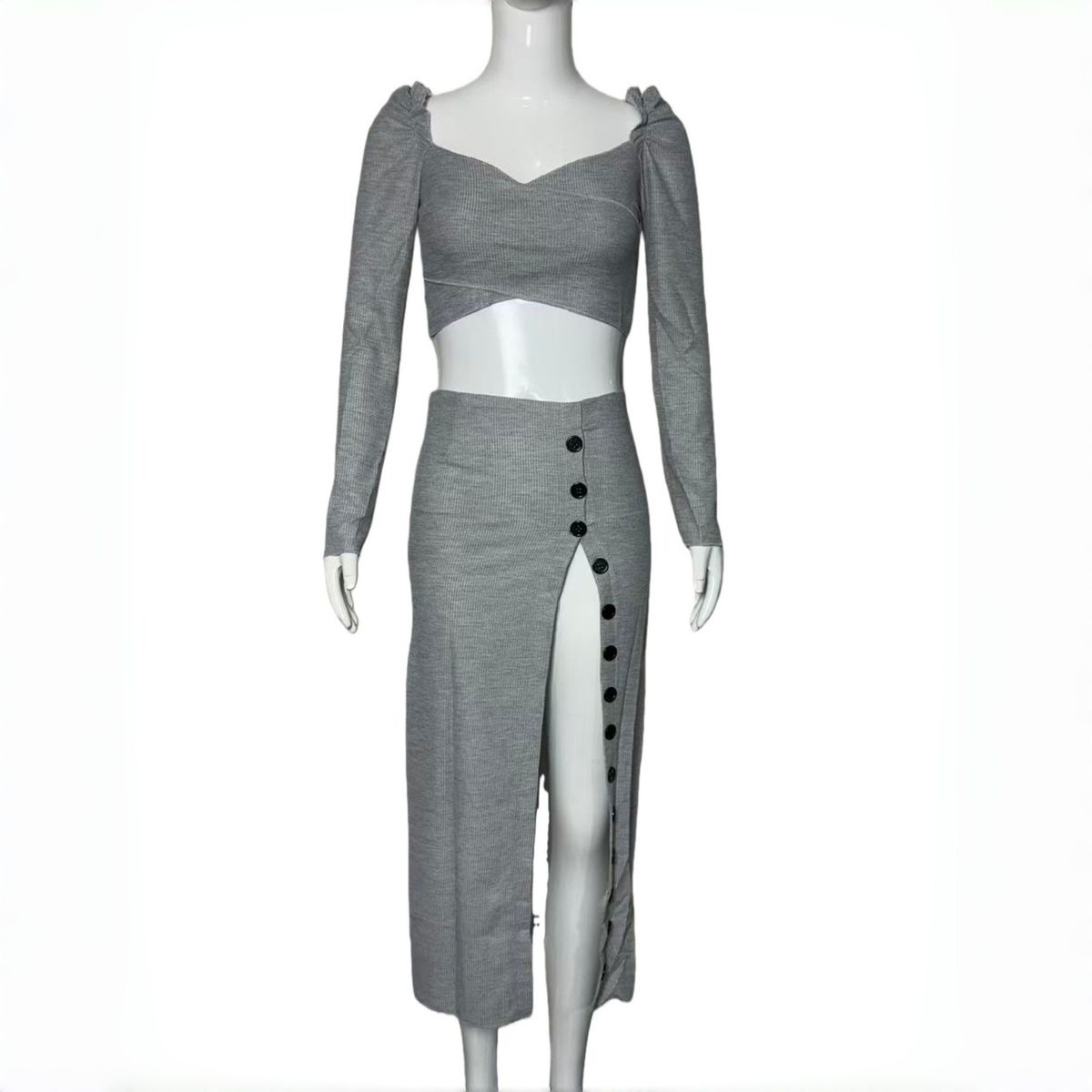 Elegant Sexy Knit Two Piece Dress Set For Women Fall Winter Long Sleeve V Neck Cropped Wrap Top Button Split Hem Skirt Dress_ecoleips.com
