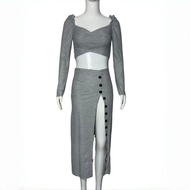 Elegant Sexy Knit Two Piece Dress Set For Women Fall Winter Long Sleeve V Neck Cropped Wrap Top Button Split Hem Skirt Dress_ecoleips.com