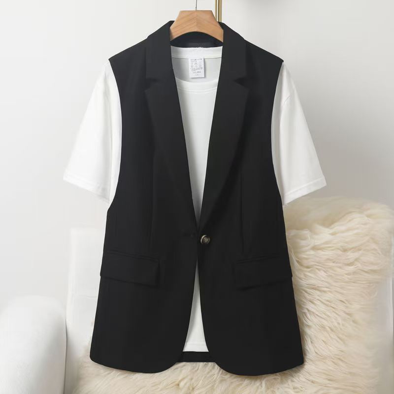 Women's Black Blazer Vest - Oversized Single-Button Waistcoat, Wrinkle-Free Polyester For Streetwear & Office Chic (Black/Brown)_ecoleips.com