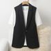 Women's Black Blazer Vest - Oversized Single-Button Waistcoat, Wrinkle-Free Polyester For Streetwear & Office Chic (Black/Brown)_ecoleips.com