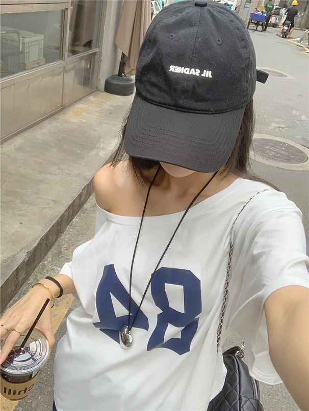 Stylish Letter Print Off-Shoulder T-Shirt For Women, 2025 Summer New Casual Loose Mid-Length Top For Women_ecoleips.com
