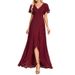 Women's Clothing Double V Neck Backless Chiffon Dress Solid Color Short Sleeved Long Dress Banquet Bridesmaid Evening Dress_ecoleips.com