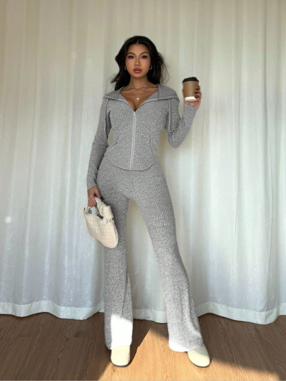 Women's Slim-Fit Zip-Up Tracksuit Set - Stretchy Lounge Pants & Long Sleeve Top - Elegant Casual Outfit (S-Xl) - Soft Brushed Polyester_ecoleips.com