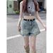 2025s American Style Spicy Girl Ripped Frayed Hem Denim Shorts For Women Summer Niche Design High Waist A-line Hot Pants_ecoleips.com