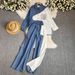 Retro Casual Suit For Women Korean Version Contrast Color Stitching Denim Shirt + High Waist Loose Wide Leg Pants Two Piece Suit_ecoleips.com