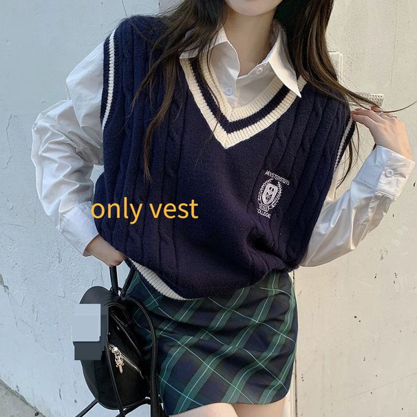 Women's Clothing Version Of The College Style V Neck Knitted Vest For Women, Loose And Versatile, Layered Sweater Vest_ecoleips.com