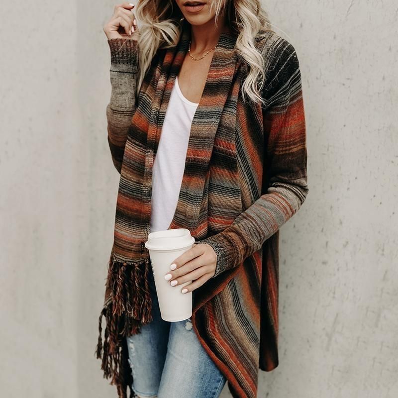 Elegant Striped Fringe Cardigan Sweater - Oversized Scarf Collar Longline Wrap, Soft Cotton Blend, Boho Chic Style For Women_ecoleips.com