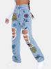 Women's Clothing Fashion Ripped Print Straight High Waist Slim Denim Trousers Versatile Trendy Jeans_ecoleips.com