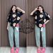 Bear Print Short Sleeve & Faux Denim Print Pants Set - Loose Fit Two Piece Outfit For Women Comfortable Loose Fit_ecoleips.com