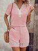 Women's Short Sleeve T-Shirt & Shorts Set With Lace Trim - Solid Color Casual Summer Outfit_ecoleips.com