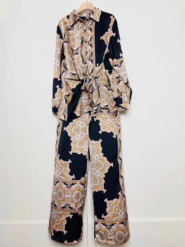 Women's Clothing Women's Retro Geometric Print Lace Up Waist Shirt Two Piece Spring Loose Wide Leg Pants Suit_ecoleips.com