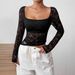 Elegant Women's Lace U Neck Long Sleeve T Shirt Top Asymmetrical Hem Style Fashion_ecoleips.com