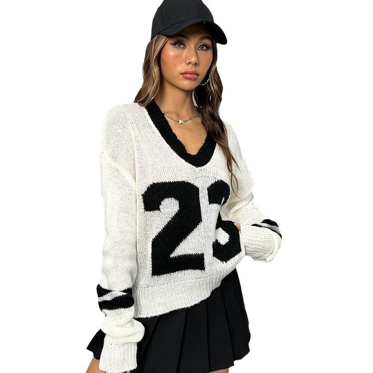 Women's Clothing Autumn And Winter Pullover Sweater Two Piece Loose V Neck Long Sleeved Knitted Sweater Women's Tops_ecoleips.com