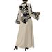 Women's V-neck Bell-sleeve Robe Dress, Long Cardigan Printed Tie Dress_ecoleips.com