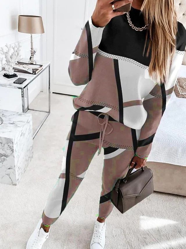 Women's Autumn Winter Fashion Color Block Print Long Sleeve Casual Suit New_ecoleips.com
