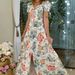 Women's Clothing Full Body Floral Puff Sleeves V Neck Waist A Line Long Skirt_ecoleips.com