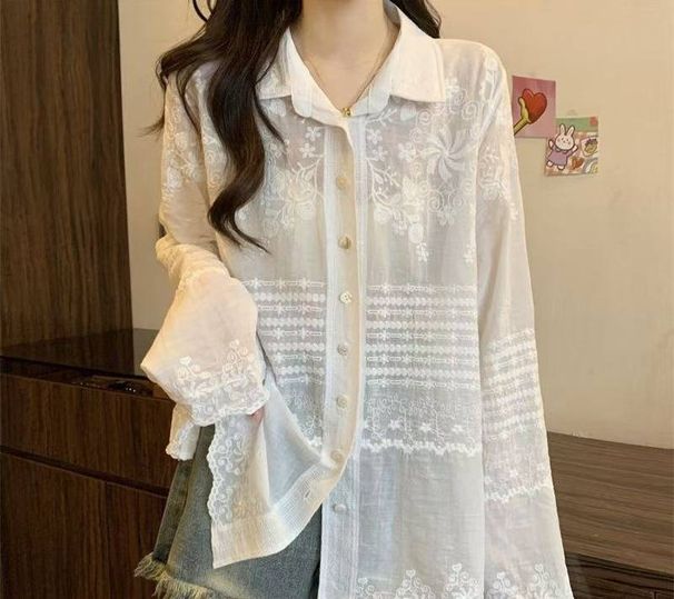 Elegant Inspired Embroidered Blouse - Soft Cotton Long Sleeve V-Neck Top With Lace Detailing, Loose Fit Casual Chic Shirt For Women_ecoleips.com