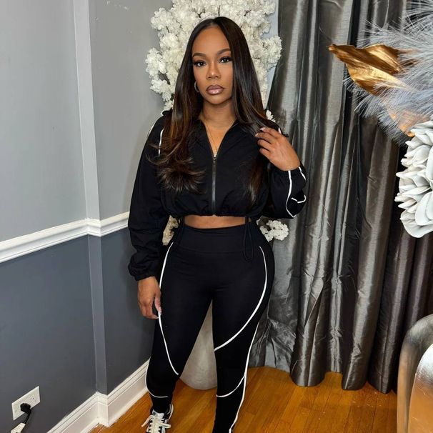 Women's Sports Suit Casual Line Patterned Long Sleeved Jacket Pants Two Piece Set_ecoleips.com