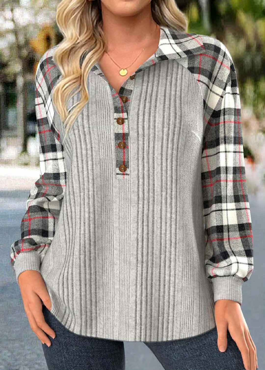 Women's Clothing Autumn Plaid Striped Stitching Retro Pullover Sweater T Shirt_ecoleips.com