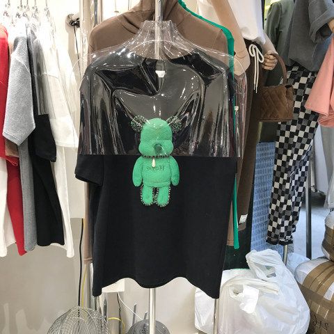 Women's round Neck Short Sleeve T-Shirt Bear Print Loose Fit mid Length Summer Top_ecoleips.com