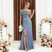 Summer New Style Solid Color Women's Evening Dress Slit Lace Up Strappy Backless Fashion Ruffled Ribbon Long Dress For Party Wear_ecoleips.com