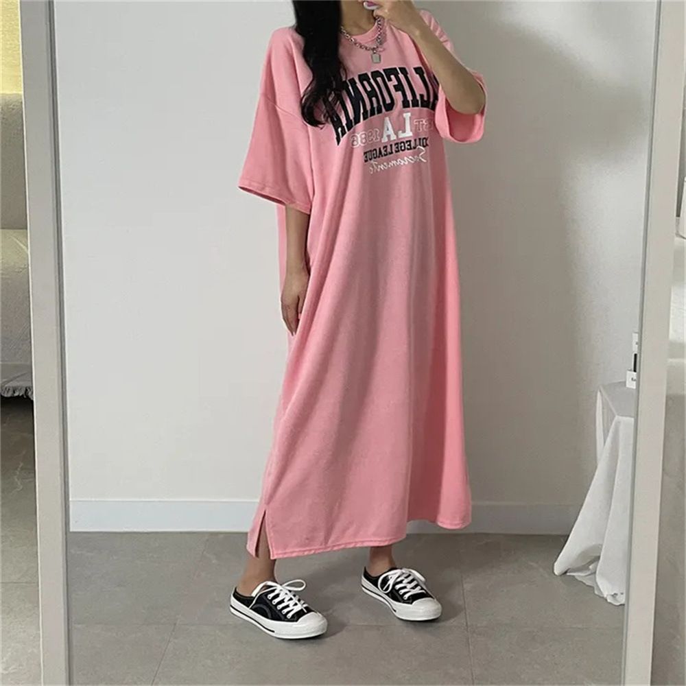 Korean Style plus Size Dress Women's Long Skirt T-Shirt Casual Summer Clothing Knee Length Nightgown Cartoon Print_ecoleips.com