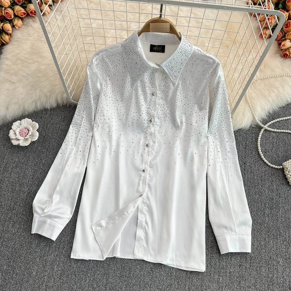 Effortlessly Chic 3D Rhinestone Blouse – Oversized Button-Down Shirt With Sparkle Detail For Women_ecoleips.com