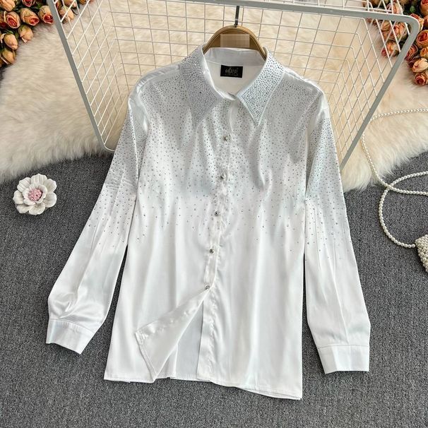 Effortlessly Chic 3D Rhinestone Blouse – Oversized Button-Down Shirt With Sparkle Detail For Women_ecoleips.com