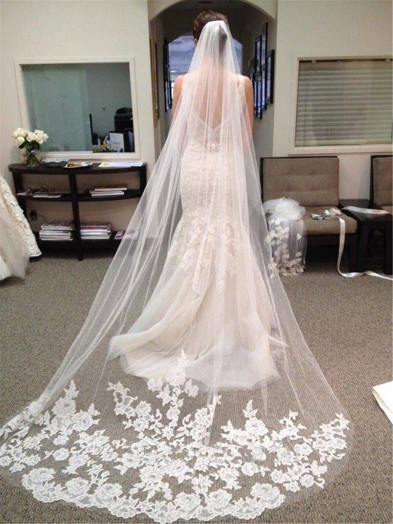 Women's Clothing Korean Style Bridal Wedding Veil Soft Tulle Lace Appliqué 3 Meter Long Train Exquisite White Off White_ecoleips.com