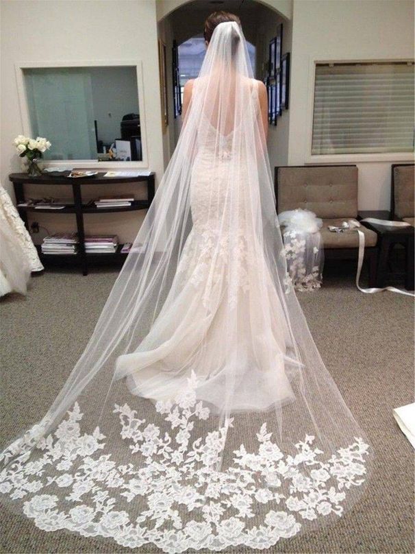 Women's Clothing Korean Style Bridal Wedding Veil Soft Tulle Lace Appliqué 3 Meter Long Train Exquisite White Off White_ecoleips.com