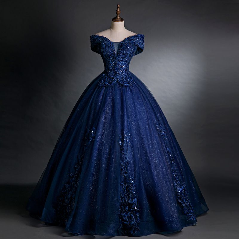 Women's Clothing Elegant Navy Blue Off-Shoulder Ball Gown For Vocal Performances & Auditions – Princess Silhouette Dress With Slimming A-Line Skirt_ecoleips.com