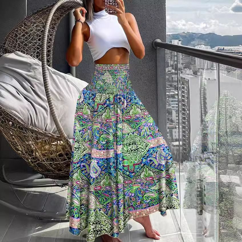 European And American 2025 Summer New Women's Printed Vacation Beach Long Flared Skirt_ecoleips.com
