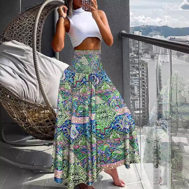 European And American 2025 Summer New Women's Printed Vacation Beach Long Flared Skirt_ecoleips.com