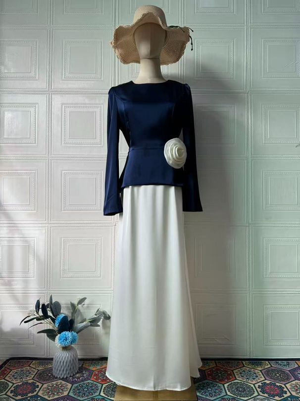 Elegant Summer Long Sleeve Dress - Flowy A-Line Maxi Dress With Floral Accents, Comfortable Cotton Blend For Women_ecoleips.com