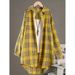 Verve Plus Size Plaid Cotton Linen Women Sleeve Casual Stylish Long Fashion Loose Shirt Jacket_ecoleips.com