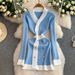 Petite V-Neck Color-Block Knit Dress – Double-Breasted Waist-Defining Midi Dress For Autumn | Elegant Office & Date Night Pullover_ecoleips.com