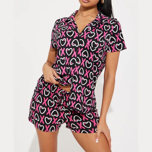 Summer Women's Home Wear Comfortable Short Sleeve Collared Button Printed Casual Modal_ecoleips.com