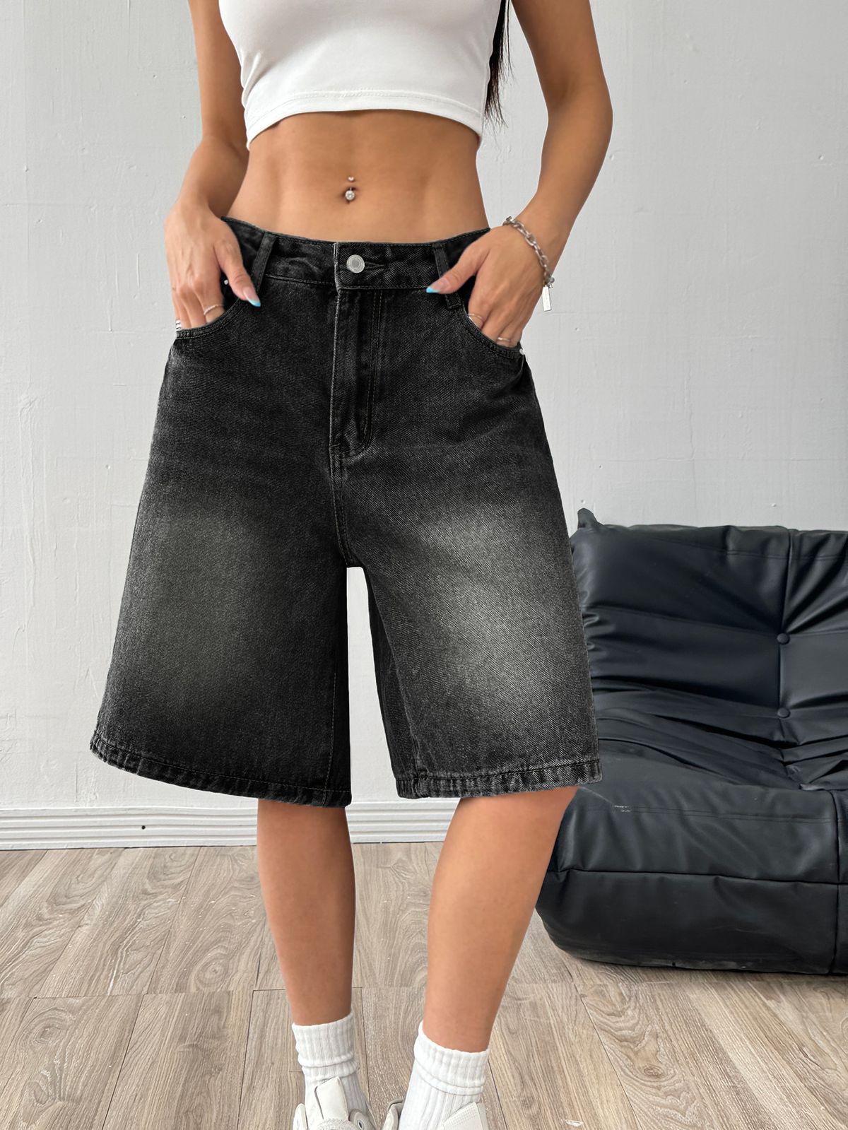 Women's Black Denim Shorts Casual Washed Capri Pants Europe America E Commerce Factory Wholesale_ecoleips.com