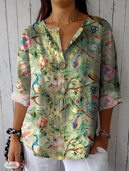 Women's Button Down V Neck Casual Top T-Shirt American Style Thin Polyester Spring Autumn Hot Selling_ecoleips.com