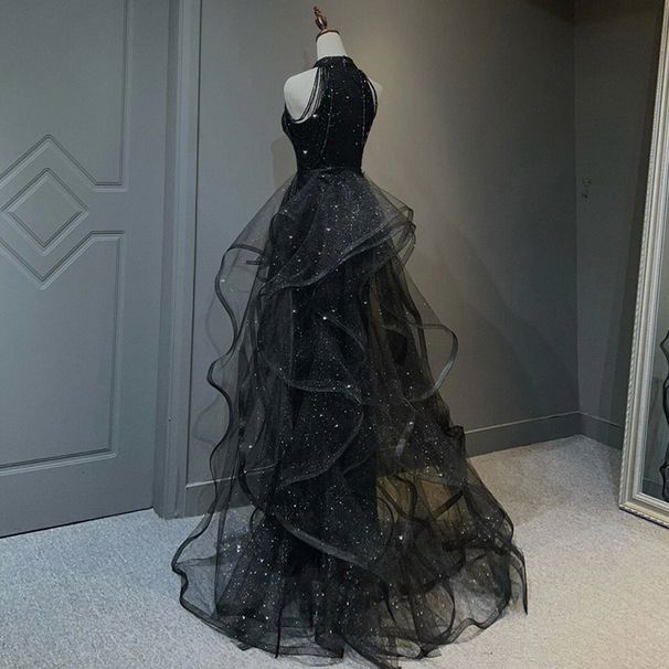 Women's Clothing Temperament Halter Neck Evening Dress Blue Sequins Student Piano And Violin Performance Clothes Annual Meeting Host Dress_ecoleips.com