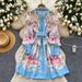Women's Clothing Retro Lapel Long Sleeve Single Breasted Waist Slim Print A Line Shirt Dress_ecoleips.com