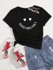 Women's Clothing Black Pure Cotton Women's Casual T-Shirt Heart Letter Print Round Neck Short Sleeve Fashionable Simple Top_ecoleips.com