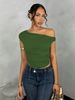 Women's Short Sleeved Asymmetrical Shoulder Top With Ruffles Solid Color For Autumn Spring_ecoleips.com