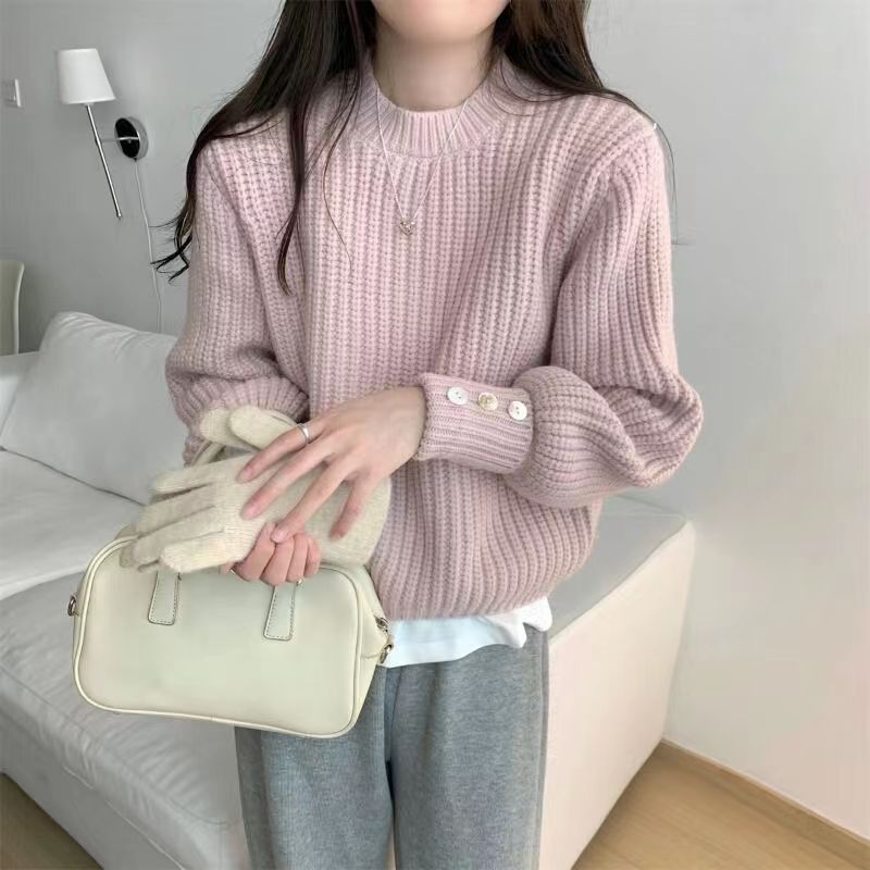 Women's Korean Style Casual Loose Knit Sweater Lantern Sleeve Soft Chic Design Pullover for Autumn Winter_ecoleips.com