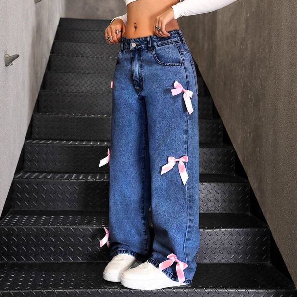 Women's Loose Wide-Leg Jeans – Vintage Washed Denim Pants With Pure Straight Fit, Street Bow Detail & Comfortable Stretch_ecoleips.com