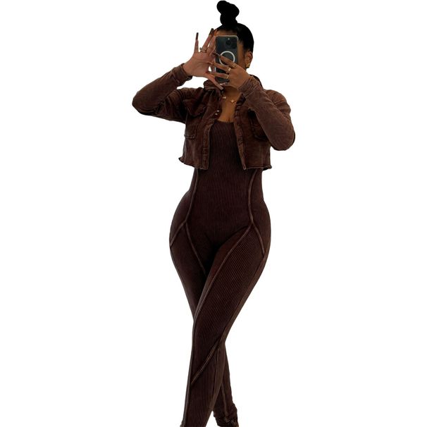 Women's Clothing Acid Washed Fried Color Distressed Jumpsuit Two Piece Casual Suit_ecoleips.com