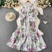 Women's French Style Lace Patchwork V Neck Dress Printed Slimming Long Skirt Single Breasted Waist Cinching Spring Autumn_ecoleips.com