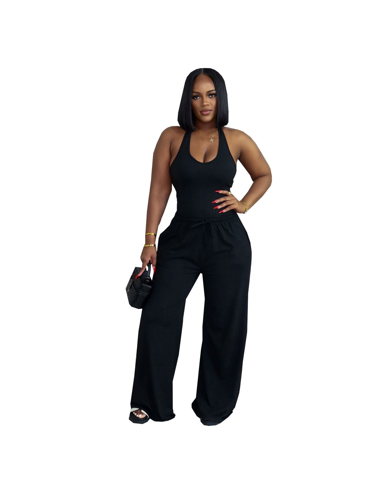 TW839 Women's Summer Casual Halter Neck Set Solid Color Street Style High Waist Wide Leg Pants with Pockets_ecoleips.com