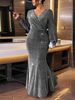 Women Plus Size LongSleeve VNeck Silver Glitter Knit Mermaid Maxi Dress Glam Sexy Summer Elegant Party NightOut Flattering Dress_ecoleips.com