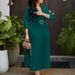 Elegant V-Neck Pleated Midi Dress With Detachable Belt – Women’s Stretchy A-Line Dress (Breathable Polyester-Spandex, Dusty Blue/Deep Green, S-XXXL)_ecoleips.com